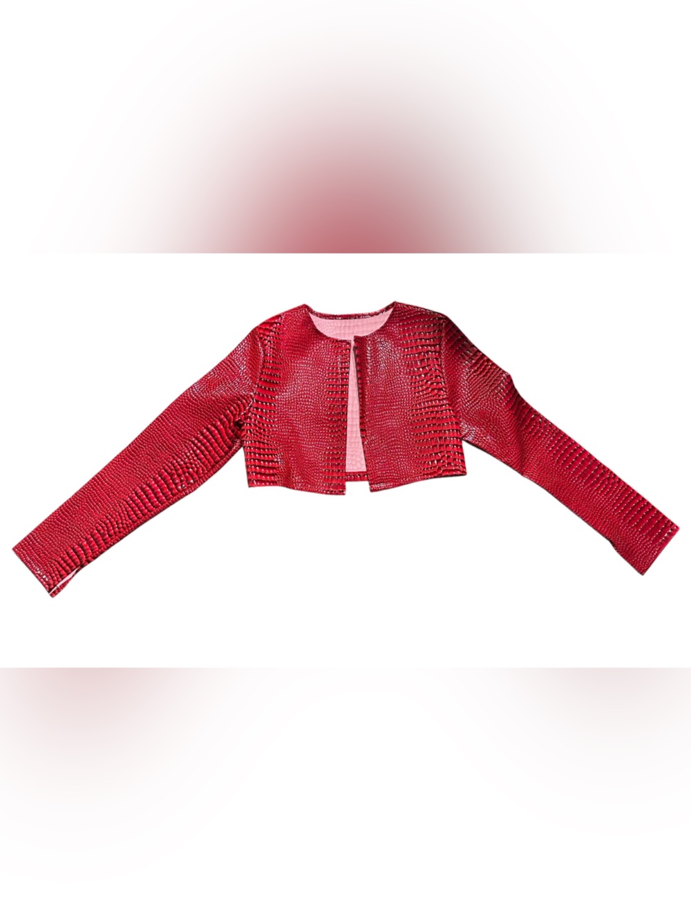 Textured Red Cropped Open Front Jacket - Picture 2 of 5